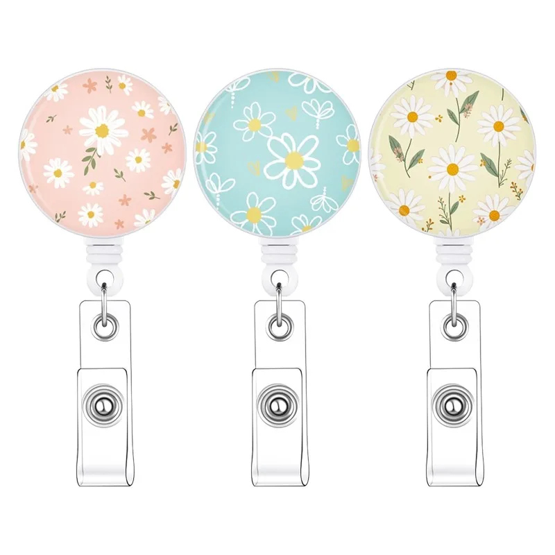 Daisy Print Acrylic Badge Reel 360° Roration Retractable ID Holder Medical Staff Floral ID Card Holder with Elastic Pull Cord