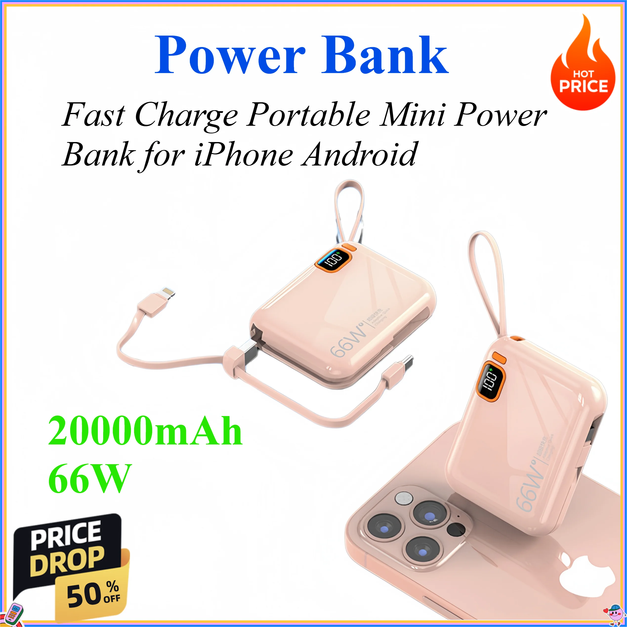

20000mAh 66W Power Bank Fast Charge Portable Mini PowerBank for iPhone 17 Xiaomi External Spare Battery Charger