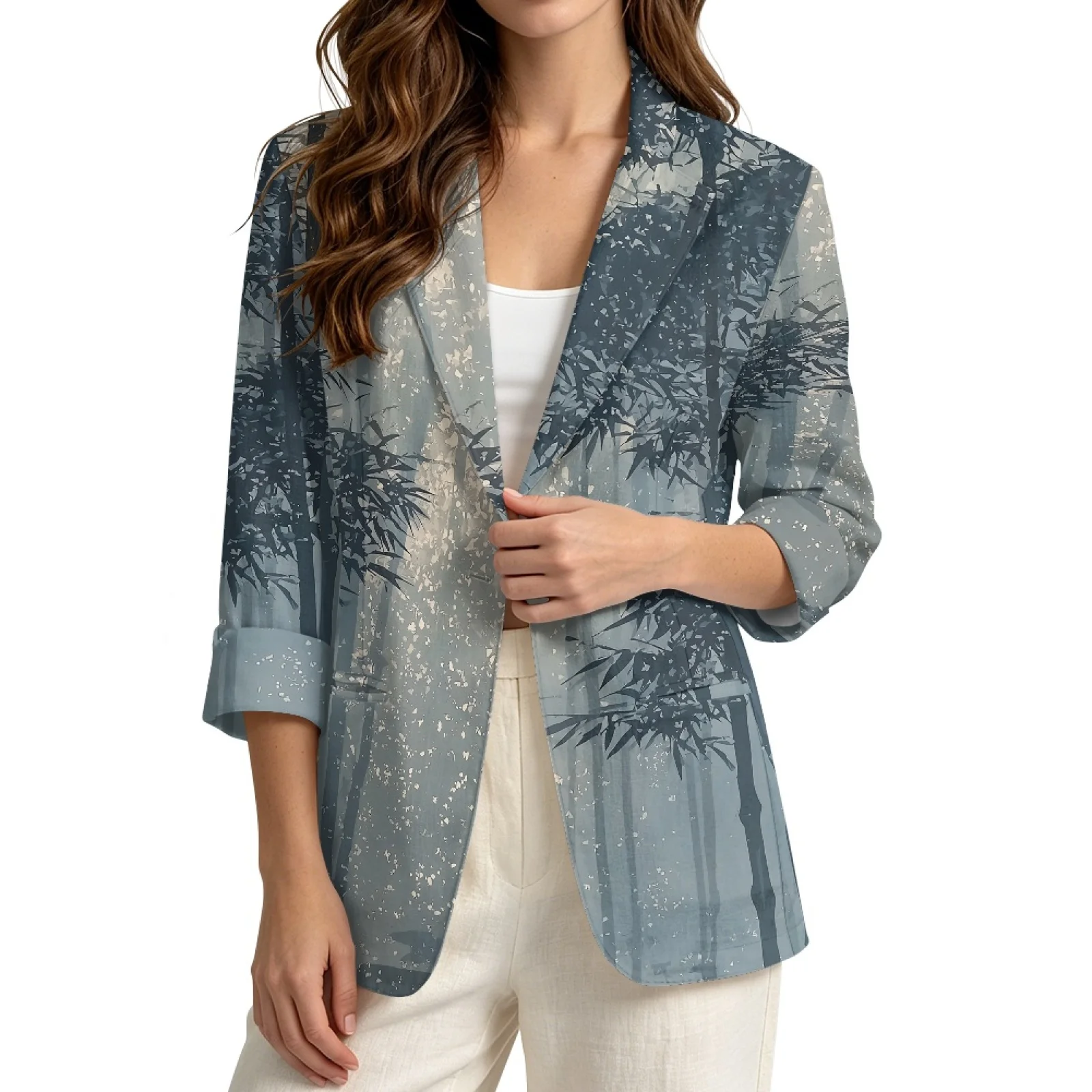 PENSTROLL Blue Forest Open Front Outerwear Cover Up for Women Linen Like Open Front Cardigan Open Front Jacket