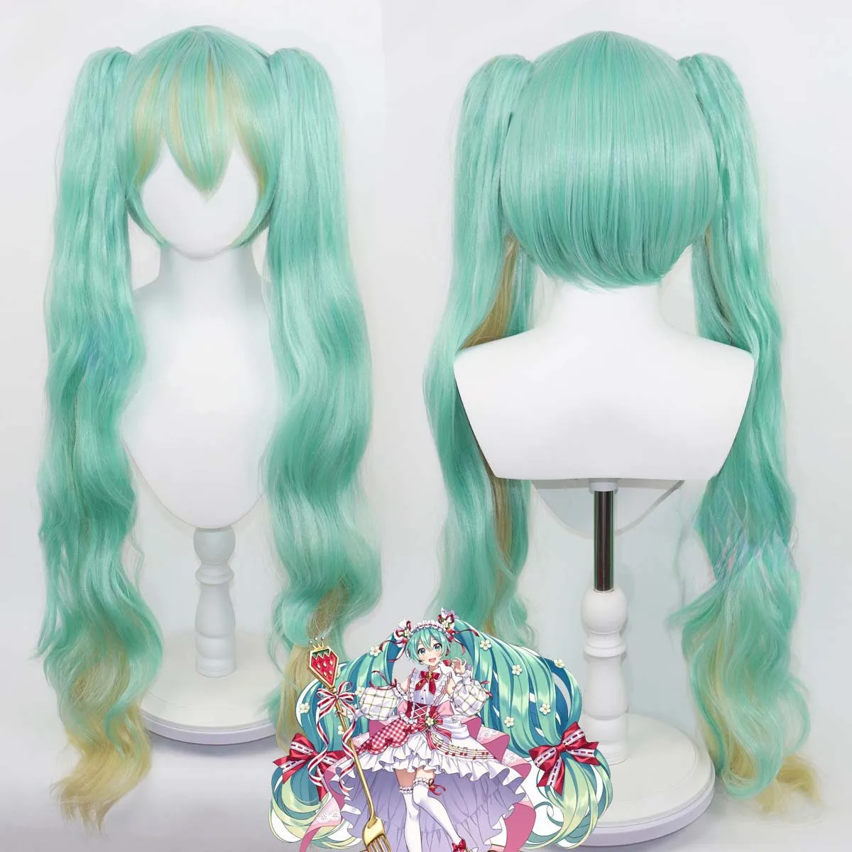 Anime Miku Strawberry Cake Cosplay Long Sky Blue Heat Resistant Synthetic Hair Wig