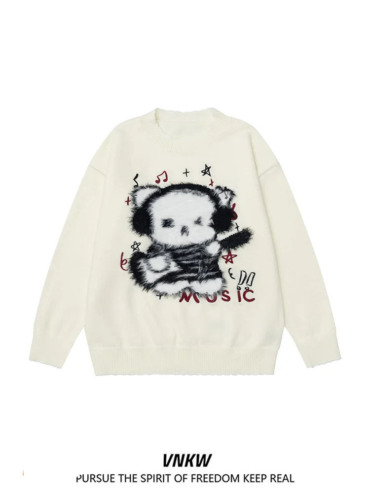 

Мужской свитер в американском ретро-стиле с мультяшным принтом, осенне-зимний, утепленный, вязаный, для пар, повседневный, свободный крой