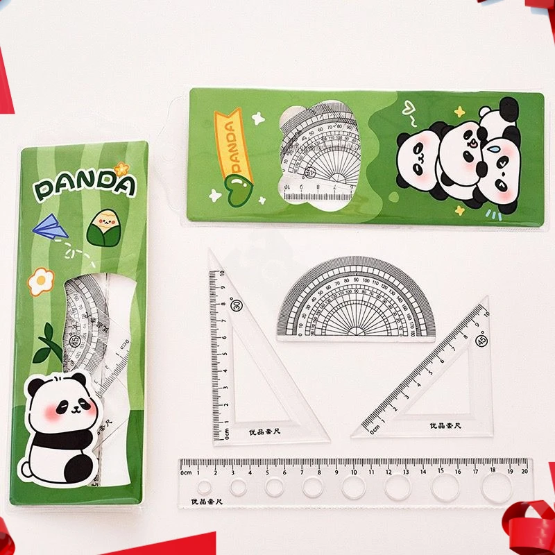 12 Sets Cartoon Panda Set Ruler Four-piece Set Student Triangular Protractor Wavy Line Ruler Suitable for Office Classrooms