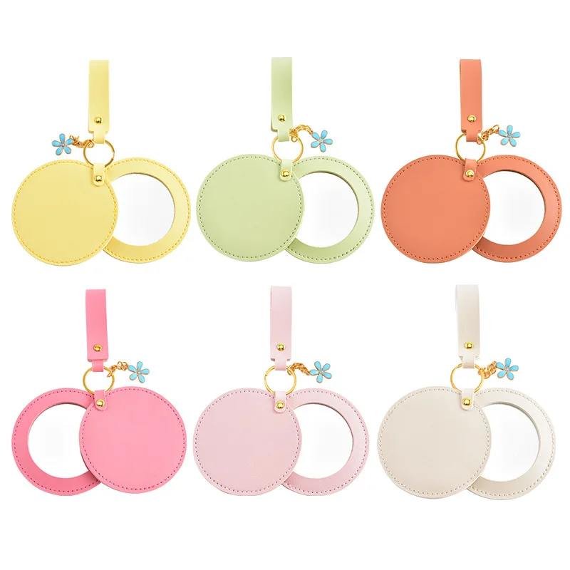 Cute Portable Round Floral Mirror PU Leather with Keychain Candy Color Handbag Pendant Makeup Mirror Girl Birthday Beauty Gift