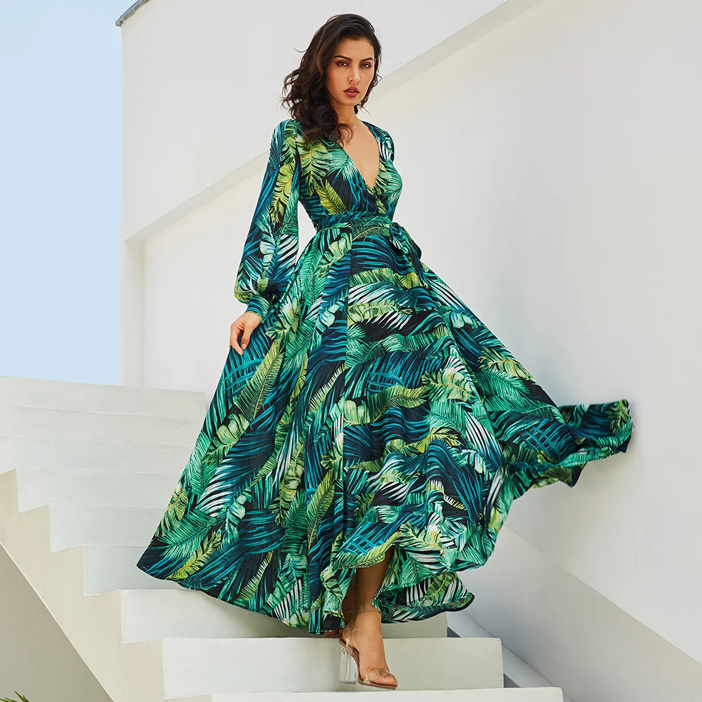 Spring/Summer New Printed Skirt Lantern Sleeves Sexy Deep V-Neck Green Leaf Long Dress Large Swing Skirt