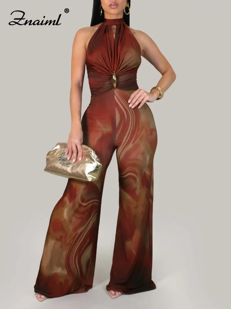 Women Halter Neck Wide Leg Jumpsuit Red Brown Print Sleeveless Twist Front Metal Ring High Waist Party Club Evening Outfit