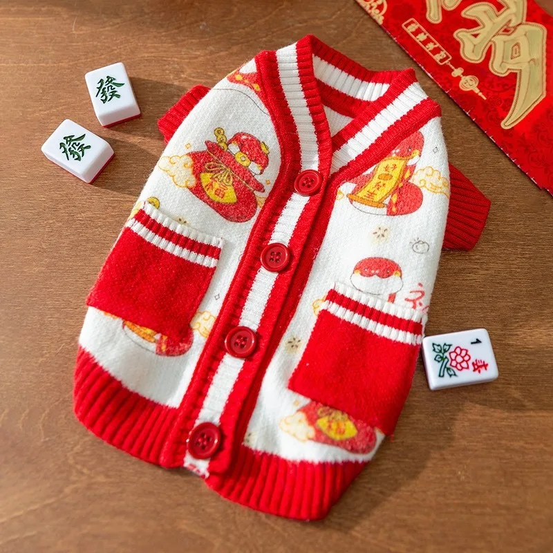 Red Dog New Year Sweater Winter New Edition Dog Knitted Sweater Teddy Bear Two Leg Cardigan Pet Supplies XS-XL