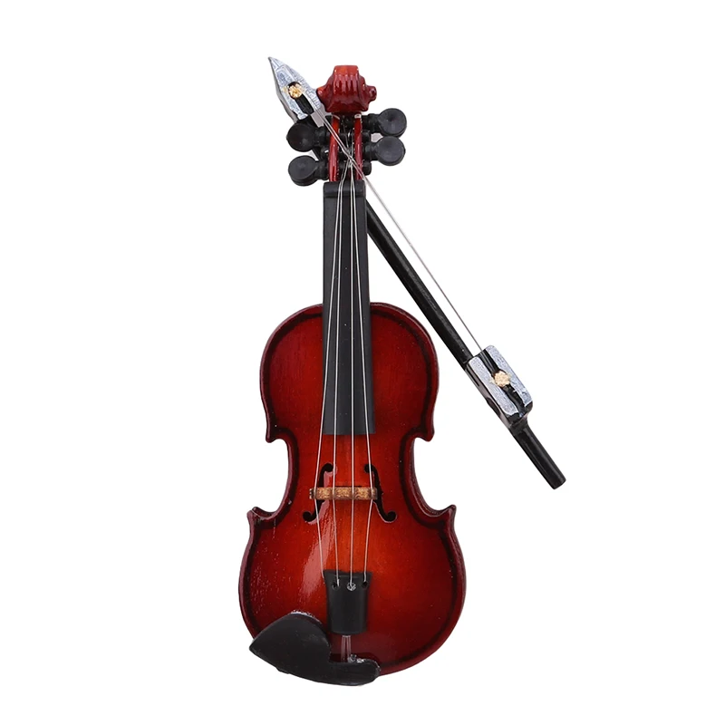 Mini Violin Dollhouse Miniature Musical Instrument Wooden Model Decor With Bow, Stand Support And Case