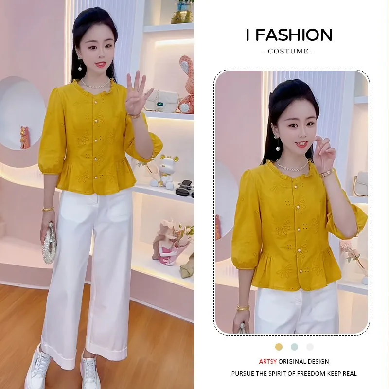 

Faionable Slimming Seven-Quarter Sve irt Women's Versatile Spring Autumn High Design Sense Commute Sle Polyester Fiber