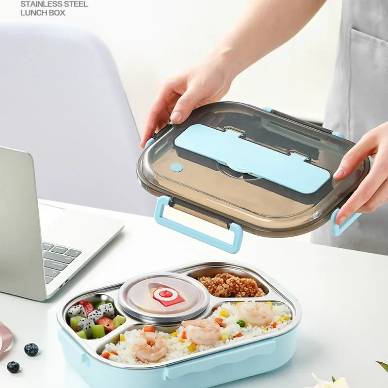 

304 Stainless Steel Lunch Box 4 Compartments Insulated Sealed Bento Box with Soup Bowl Portable Picnic Food Storage Container