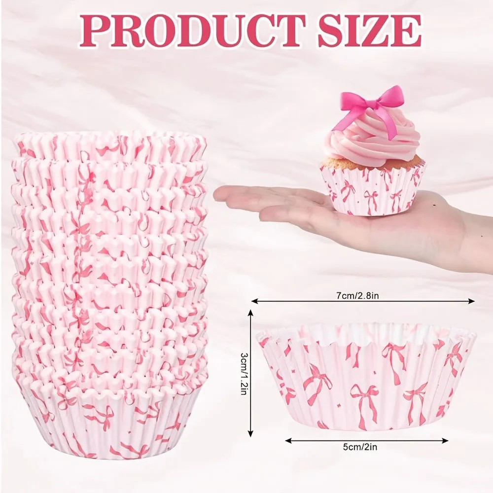 Pink Bow Paper Cupcake Holders with Satin Edges Soft Toned Baking Cups Suitable for Weddings, Birthdays, Anniversary Celebration