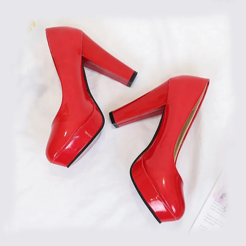 Women Pumps Fashion Classic Patent Leather High Heels Shoes Round Toe Paltform Wedding Dress Shoes Plus Size 34-42 Heels Women