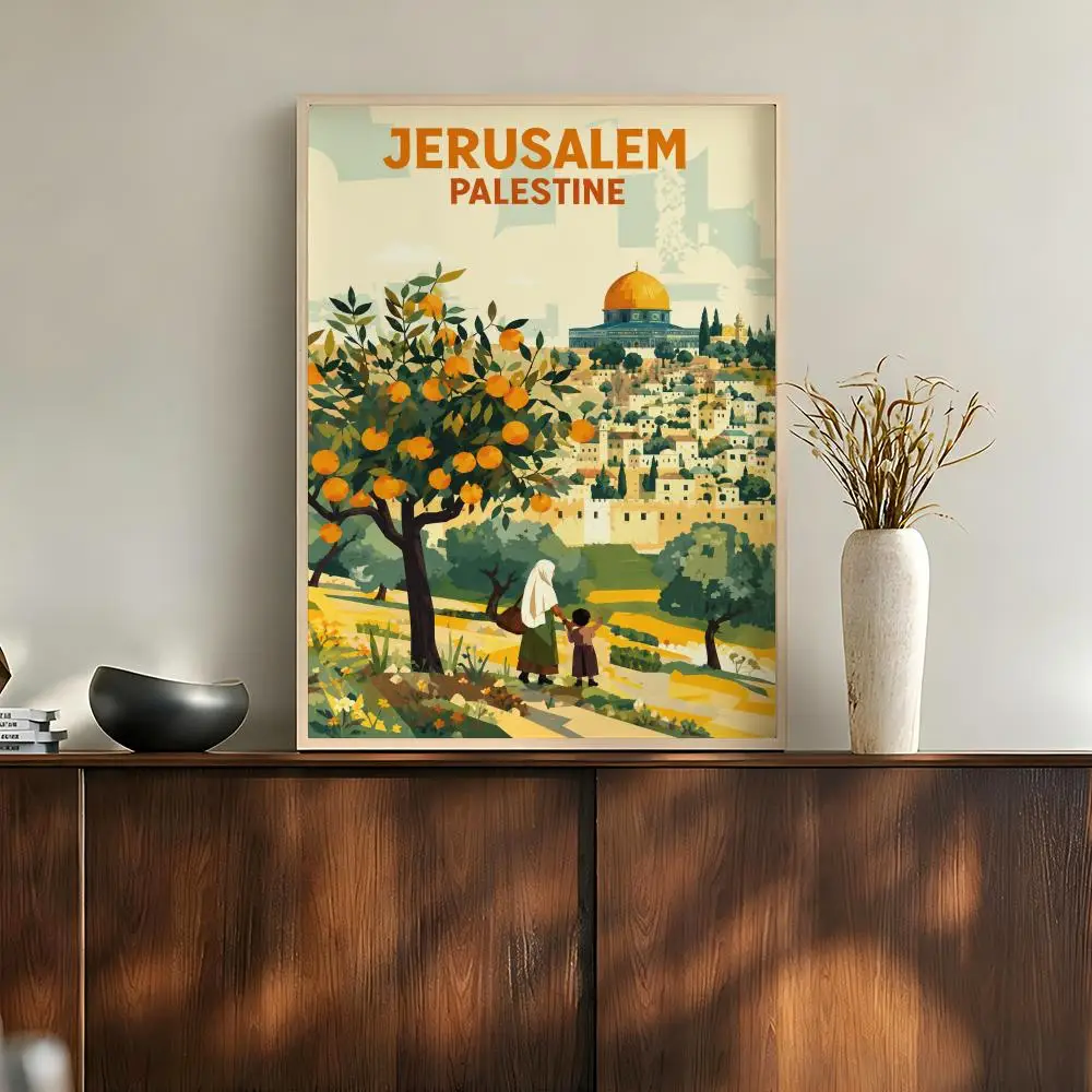 Vintage Jerusalem Palestine Cityscape Travel Landmark Heritage Poster Modern Aesthetic Wall Art for Home Bar Cafe Bathroom Decor