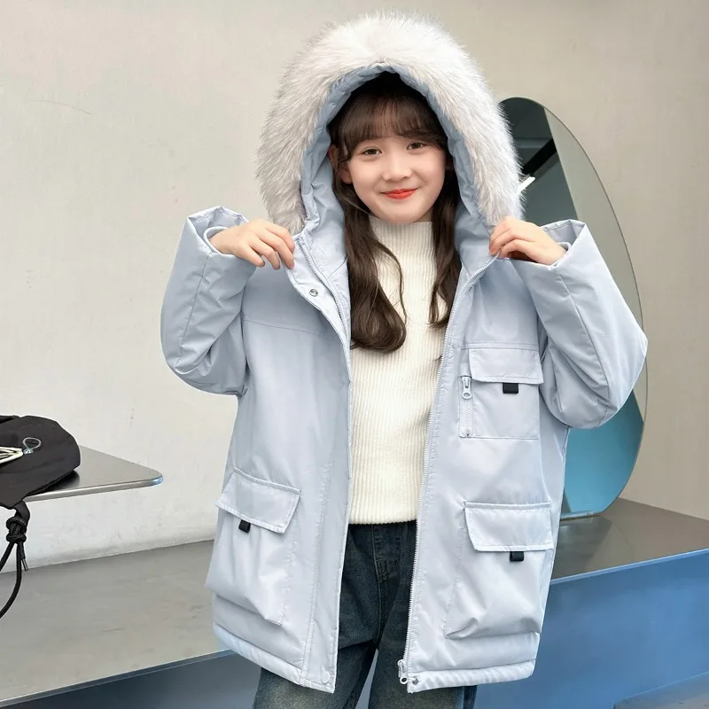 

2025 Girls' Big Haired Collar Winter Cotton Coat Children's Thick Casual Cotton Coat Warm and Windproof Multi Pocket Clothing
