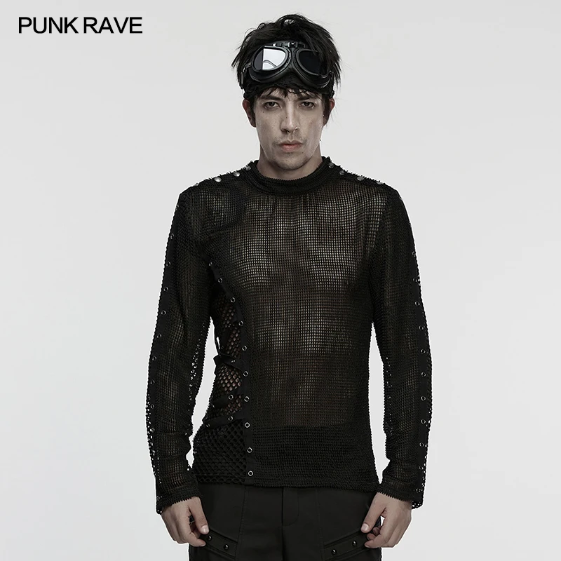 PUNK RAVE Men's Punk 3D Non-elastic Hook Woven Perspective Mesh T-shirt Rebellious Sexy Side Asymmetric Metal Eyelet Cool Tops