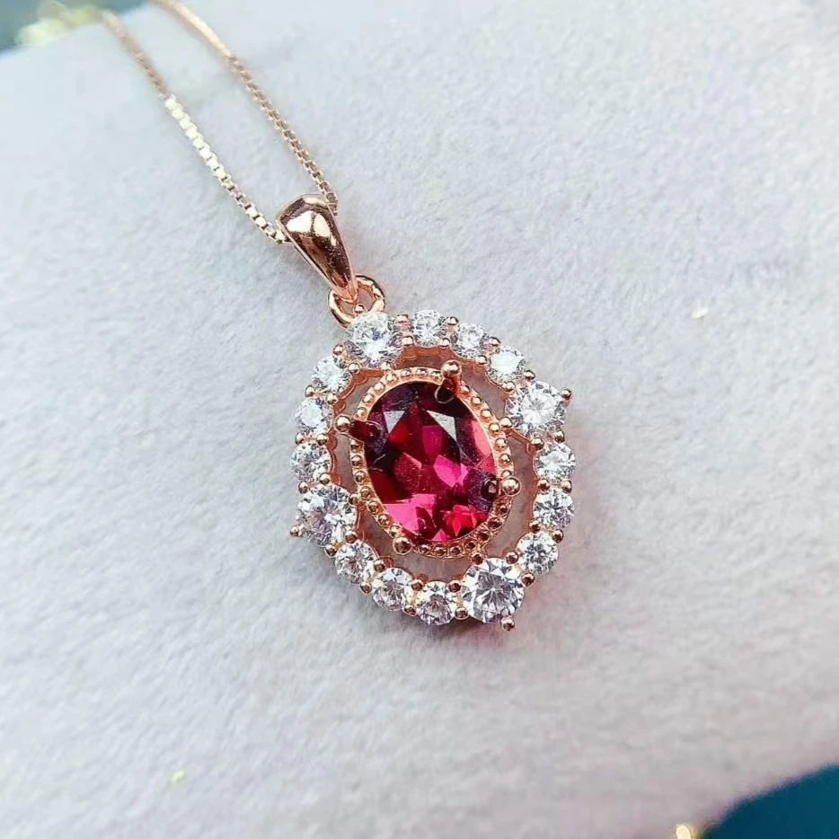 

925 Sterling Silver Natural Garnet Pendant Certified Fine Jewelry Rose Gold Plated Double Halo Oval Cut Gemstone Necklace