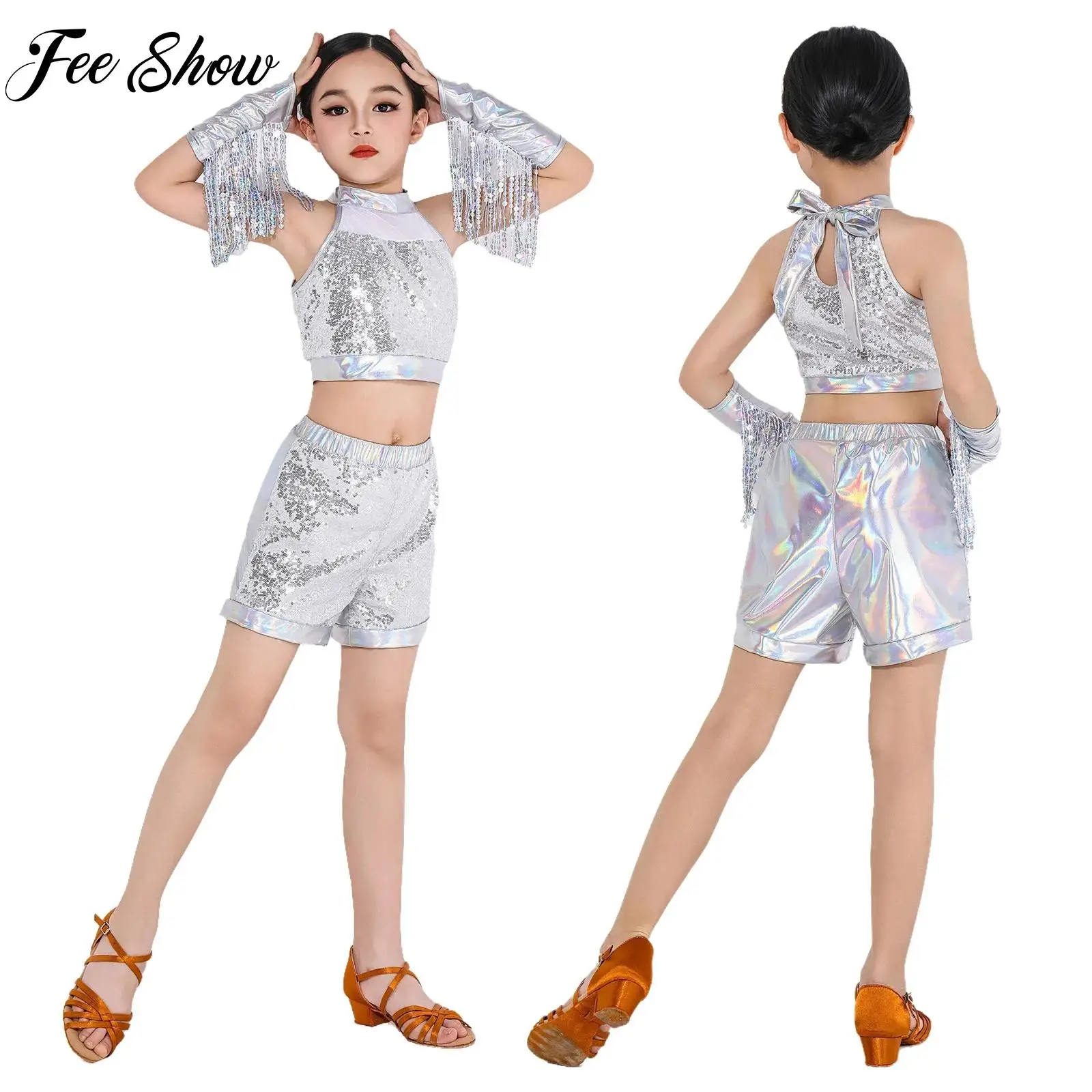 

Teens Girls Latin Cha-cha Samba Rumba Dance Costume Outfits Sleeveless Sparkly Sequin Tops Shorts Accessories Suit Dancewear