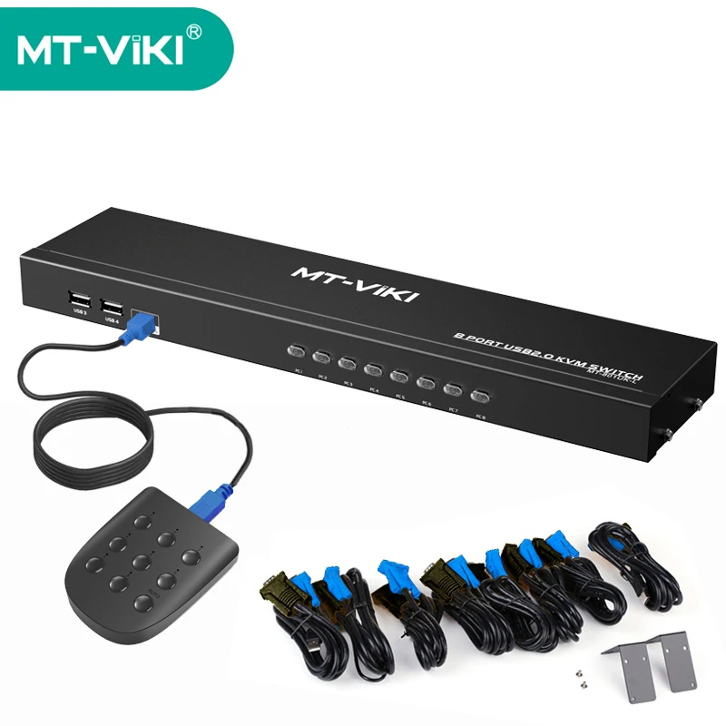 MT-VIKI 8 Port Smart KVM Switch Manual Key Press VGA USB Wired Remote Extension Switcher 1U Console with Original Cable 801UK-L