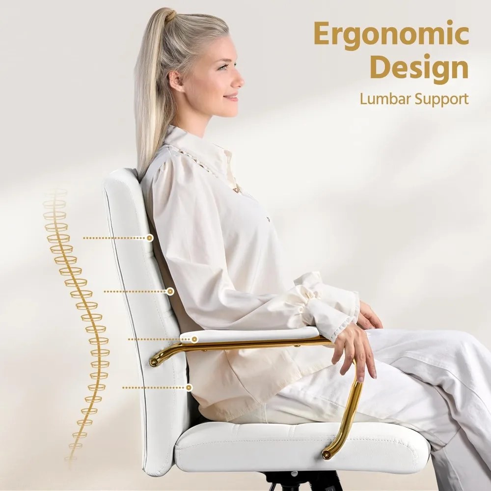 Офисный стул со средней спинкой, настольный стул из искусственной кожи, регулируемый рабочий стул для руководителей с опорой для пиломатериалов, белое сиденье с золотой ножкой