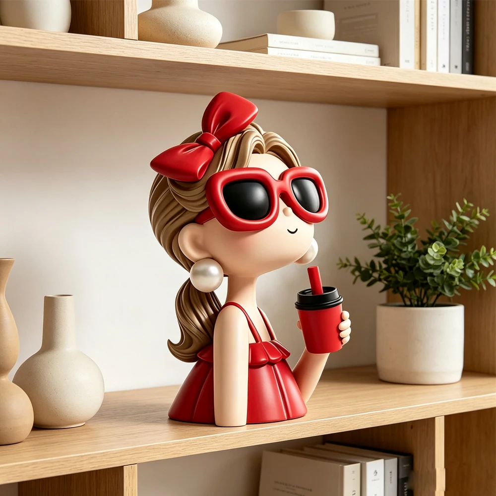 Cartoon Cure Modern Cool Girl Desk Figurine Resin Girl Desktop Ornament Artware Decor Birthday Gift for Home Office Decoration