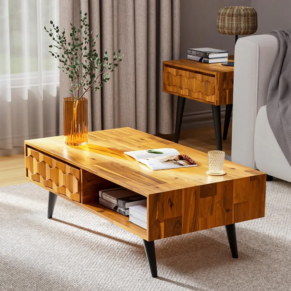 Solid Wood Coffee Tables for Living Room, Coffee Table Mid Century Modern with 2 Symmetrical Storage Drawers