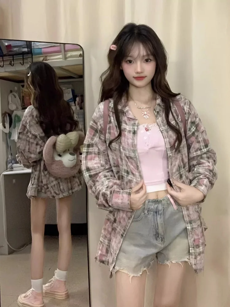 

Artistic Plaid Women's irt Jaet Spring Autumn Korean Version Color Colion Design Couple Open Cardigan Vintage irt