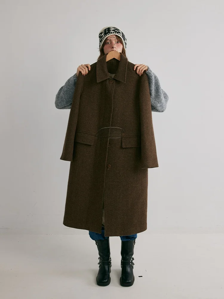 

Relez Woolen Coat Women's Long Sle Faionable High-End Feel Commute Winter New Arrival 80% Wool Polyester 20% Coat