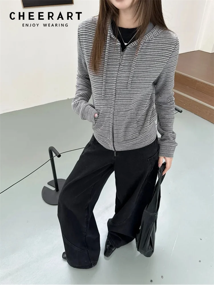 

CHEERART Striped Knitted Sweater Cardigan Woman Basic Knitwears Grey Zip Up Hooded Cardigan Casual Top Clothing