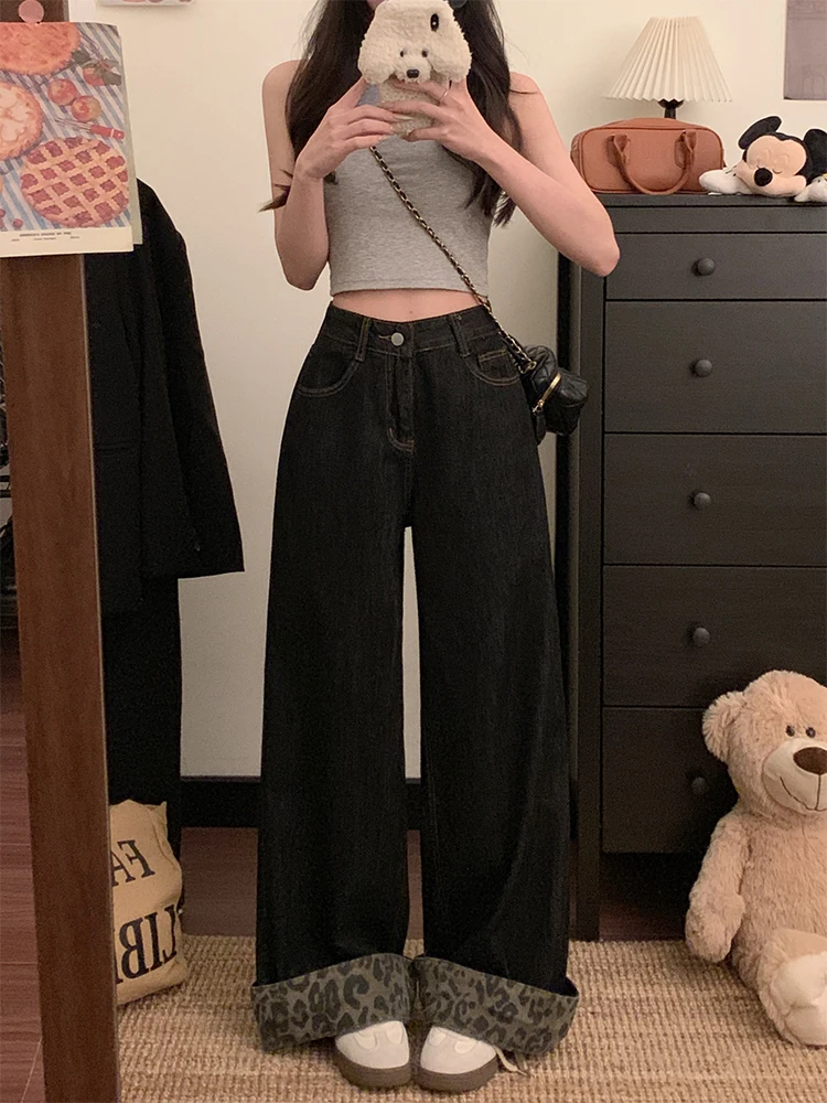 ريترو ليوبارد طباعة واسعة الساق الدينيم الجينز المرأة فضفاضة تناسب عالية الخصر التخسيس حجم كبير عادية عالية الخصر السراويل الطويلة