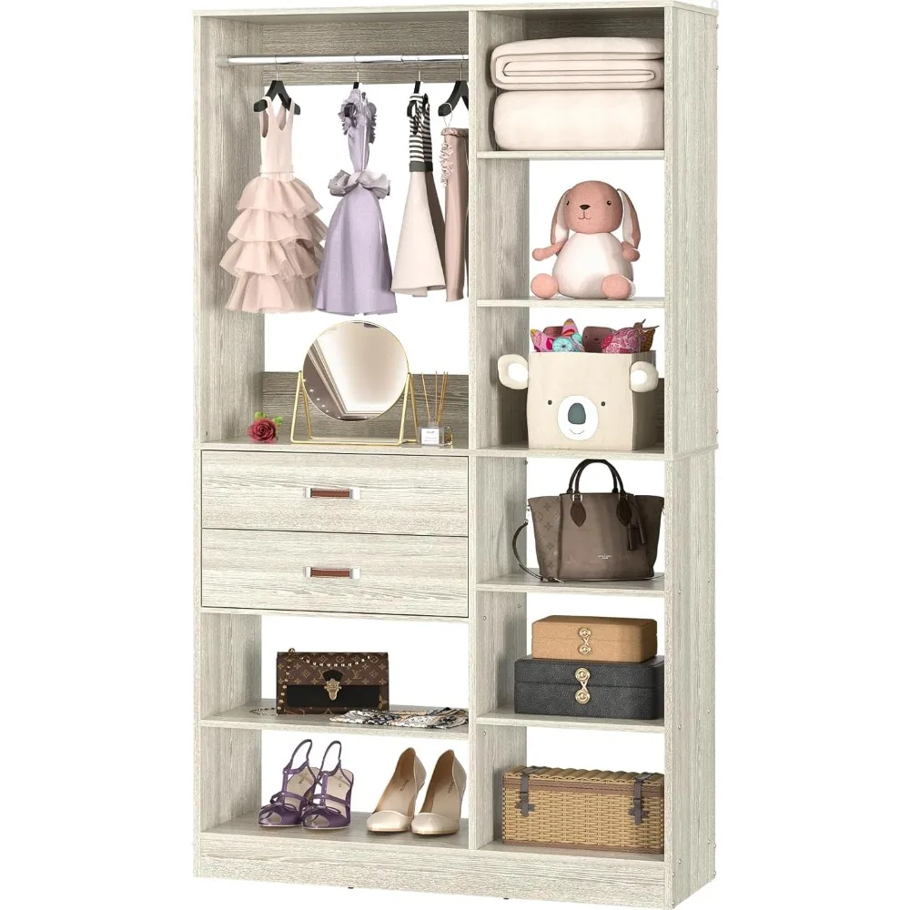 Stand-alone Wardrobe with 10 Shelves,Adjustable Cloth Garment Rack with 2 Wood Drawers, Wood Walk-in Closet with Hanging Rod