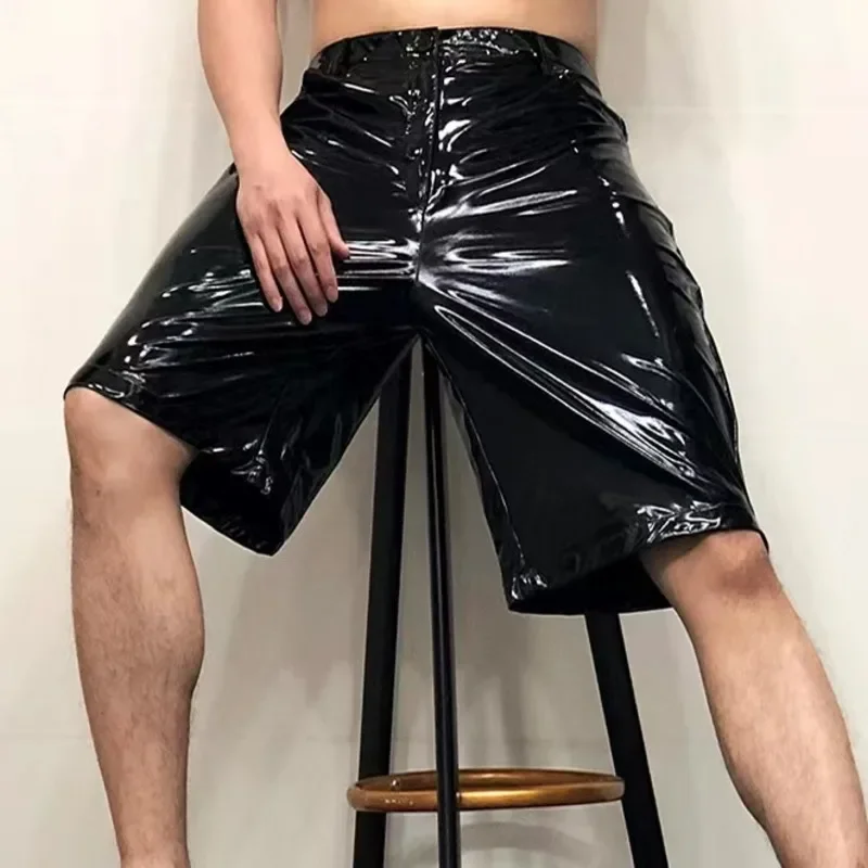 Shinny Leather Short Sexy Nightclub Men's DS Costumes Anti-bright PU Pant Black Elasticity Slim Men Motorcycle Shorts