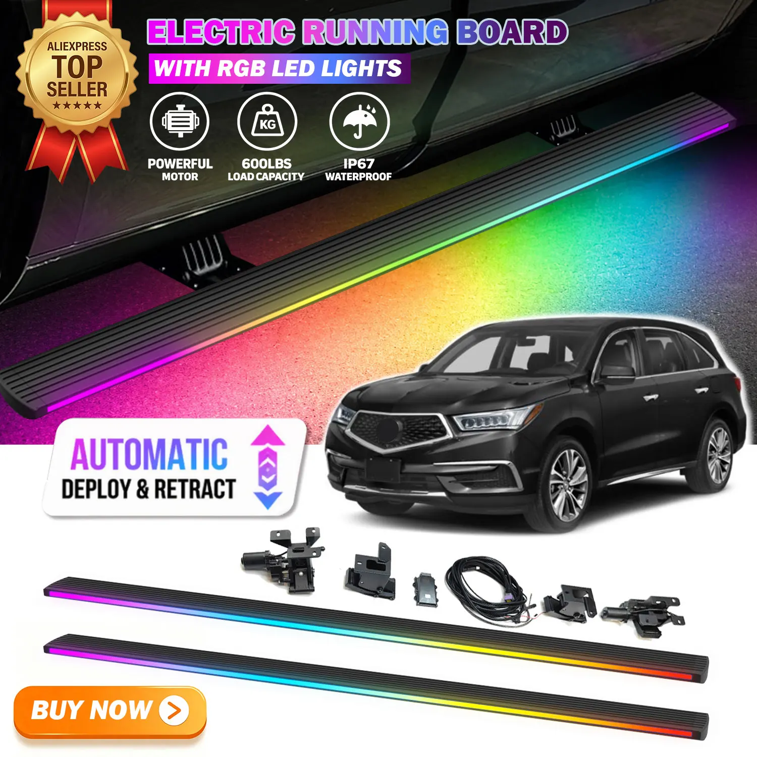 Deployable Power Electric Running Boards Fits For ACURA MDX 2014-2021 with LED Light Strips Side Step Nerf Bars