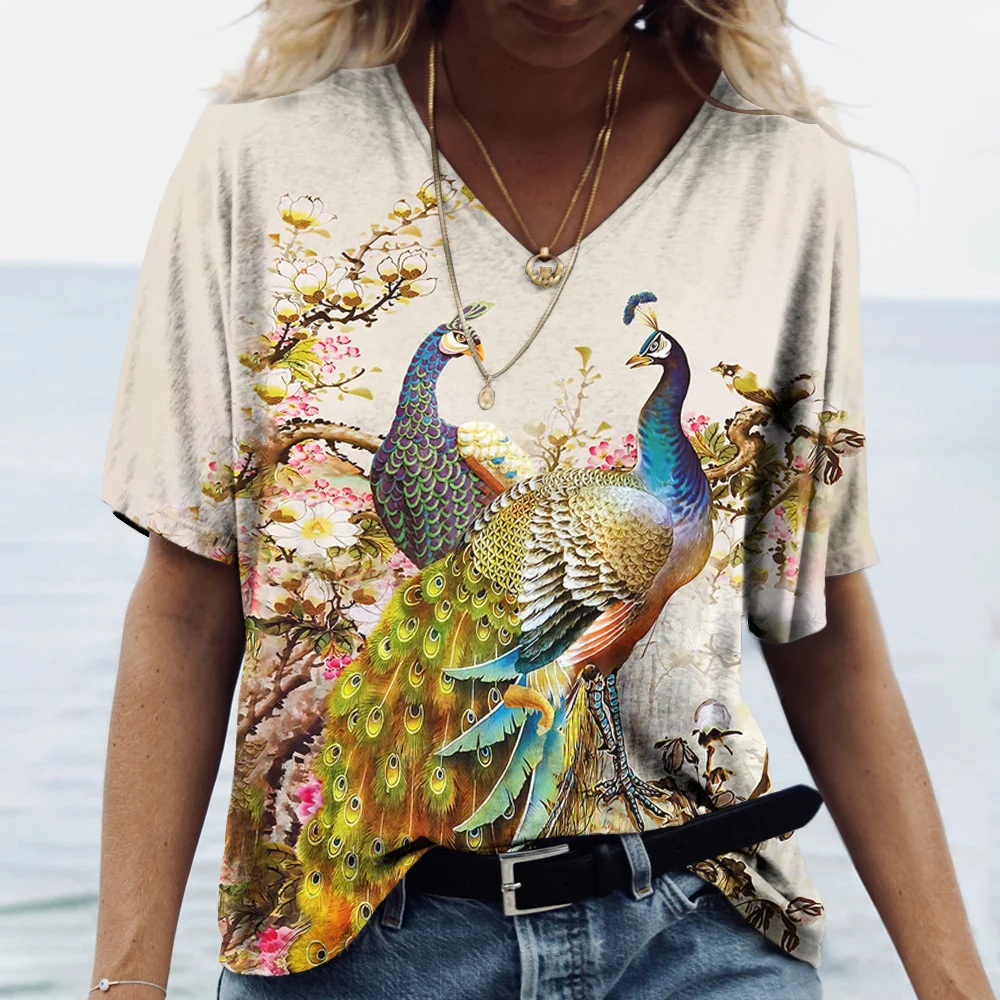 Luxury Peacock Graphic Women\'s T Shirt Summer Loose Ladies Clothes V Neck Oversized Blosue Female Daily Short Sleeve Casual Tees