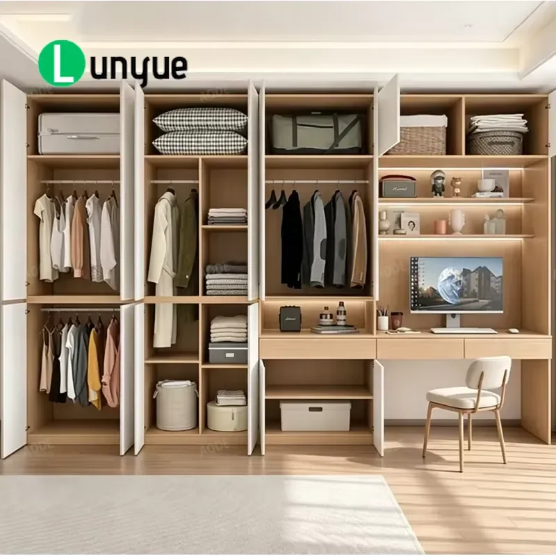 Modern Solid Wood Integrated Wardrobe with Dresser and LED Mirror Easy to Assemble Luxury Bedroom Furniture for Villa