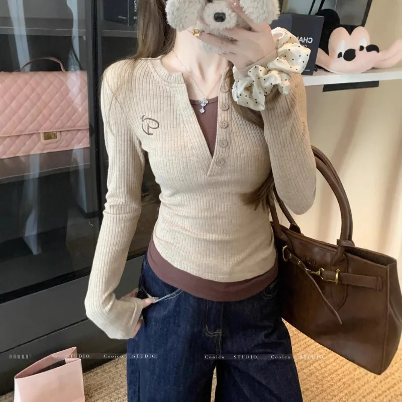 Color Blocking Fake Two-piece Long Sleeved T-shirt Base Shirt for Women's Autumn New Style Spicy Girl Slim Fit and Slimming Top