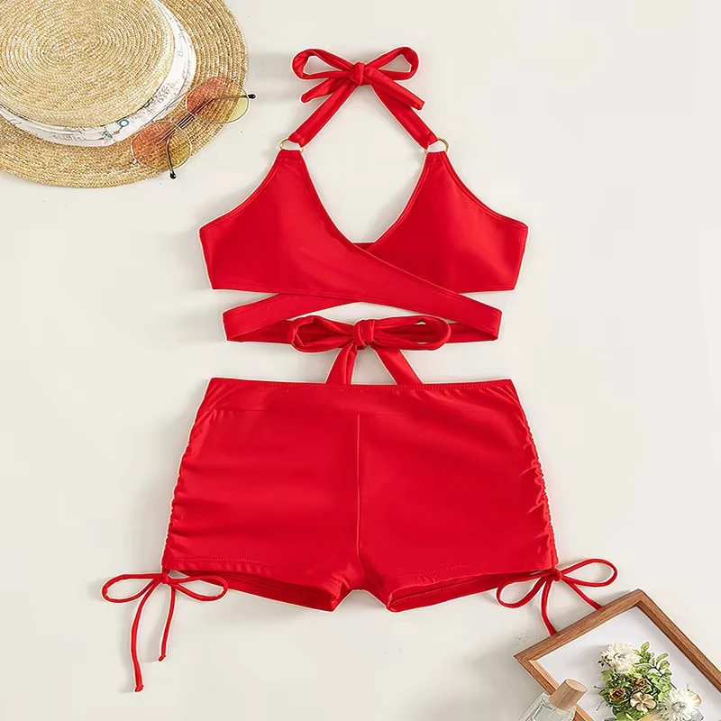 

2025 Sexy High Waist Two-piece Bikini Women's Solid Hollow Swimsuit Cross Gathered Swimwear Summer Drawstring Beach Bathing Suit