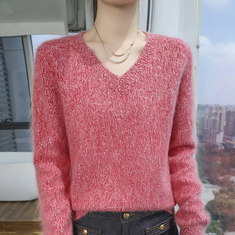 Women's V-Neck Pullover Sweater, Mink Cashmere Loose Floral Yarn, Large-Sized Long Sleeved Knitted Warmth New Autumn Winter 2024