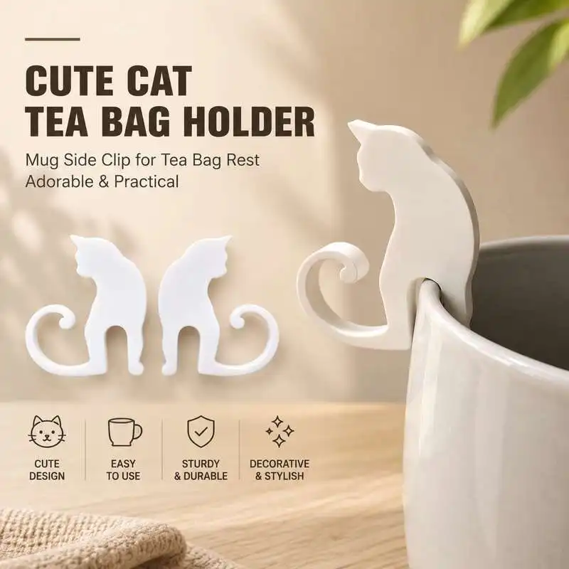 Cute Cat Shaped Tea Bag Holder Mug Side Clip Tea Bag Rest Kitchen Coffee Cup Accessory Decorative Kitten Tea Infuser Hook