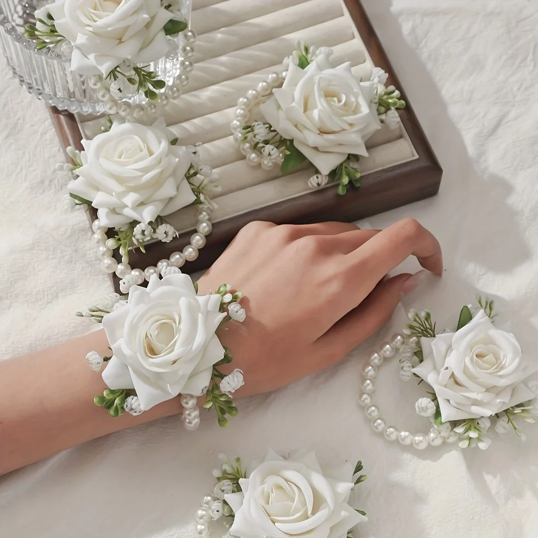 

6pcs Elegant Red Rose Wrist Corsages with White Gypsophila & Faux Pearl Chains - Perfect for Weddings, Anniversaries