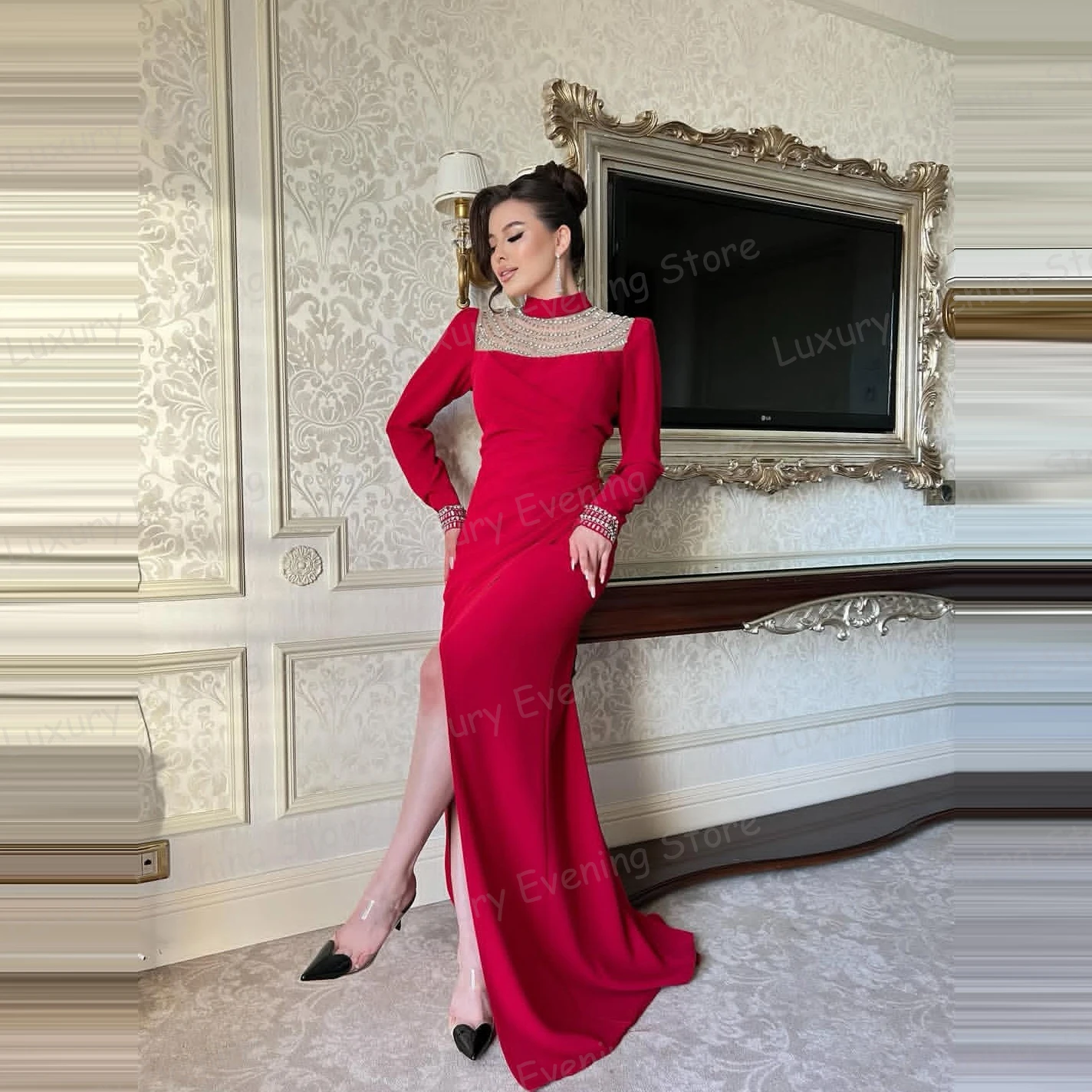 فساتين سهرة رسمية بسيطة امرأة حورية البحر مثير مطرزة برقبة عالية سبليت فساتين حفلات موضة فيستدوس دي نوفيا مخصصة #2