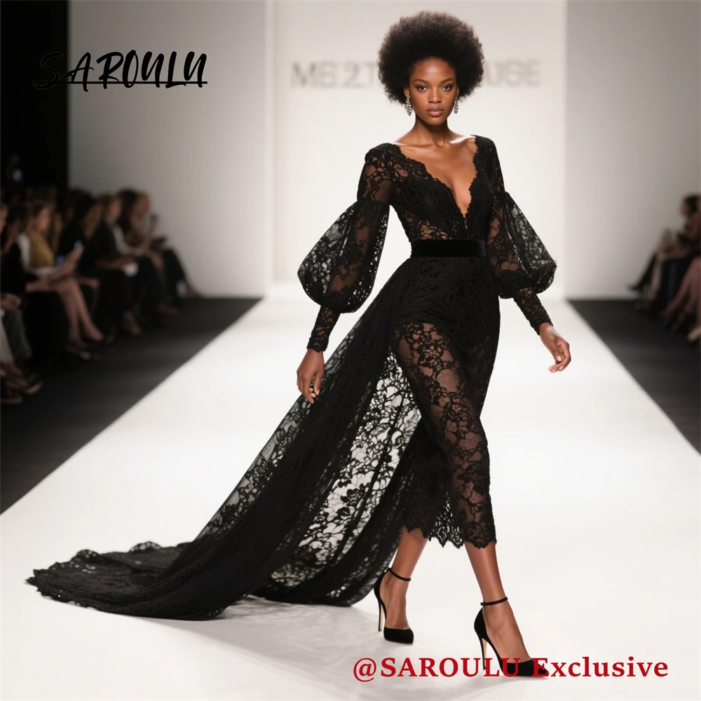 

SAROULU Long Lace Evening Dress for Women 2025 Full Sleeves Deep V Neck Party Prom GownsDetachable Train Customized Formal Dress