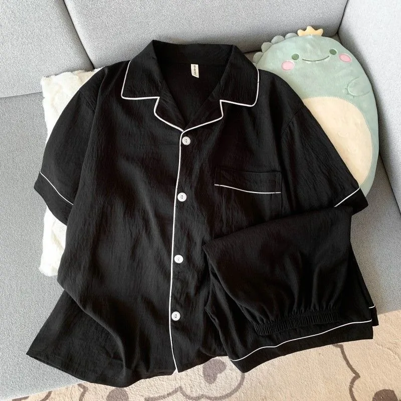 طقم بيجامة رجالي فاخر جديد بلون سادة وأكمام قصيرة وطية صدر السترة وسروال مرن مقاس كبير بيجامات صيفية ملابس نوم