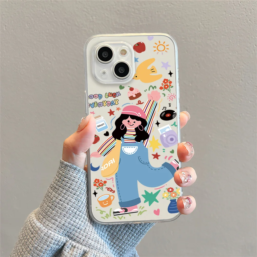 Good luck every day happy girl For iphone 13 12 11 14 15 Pro Max XR X 16 Plus Transparent Soft Case Cover