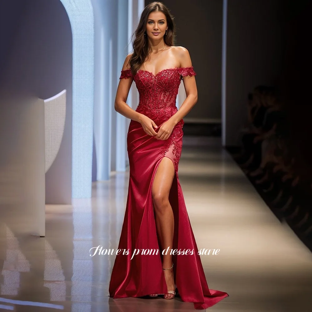 

Flowers Prom Off Shoulder Evening Dress Sexy Party Dress with Lace Applique Prom Dress for Women فساتين مناسبة رسمية Customized