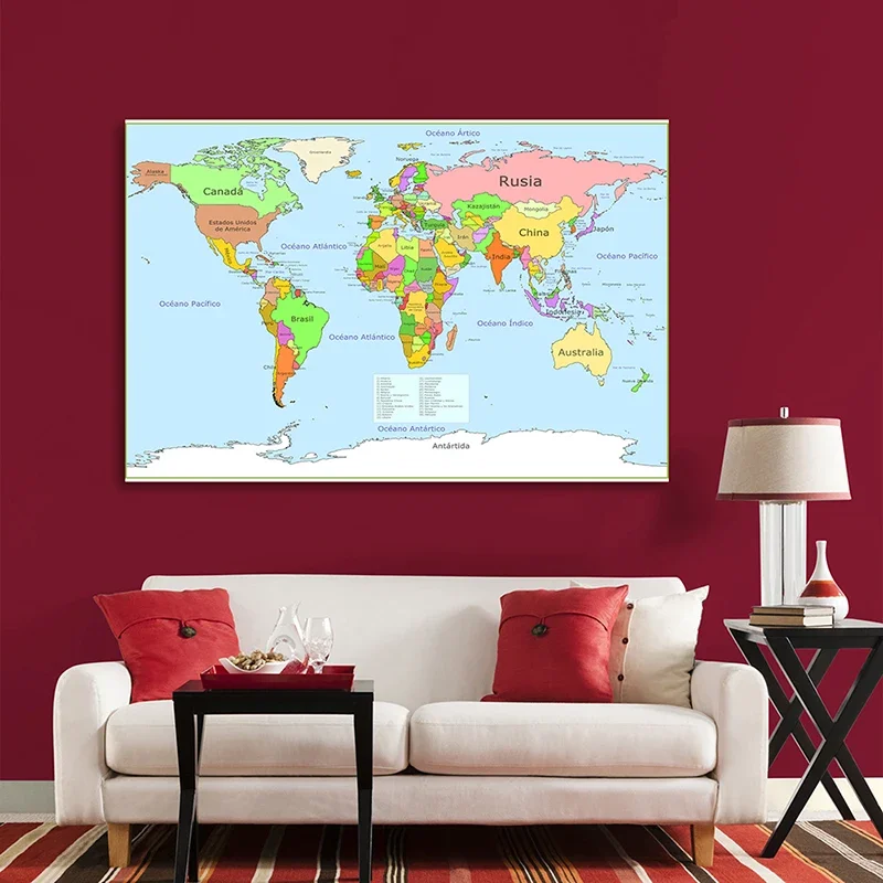 Politische Karte der Welt 225*150cm Nicht-woven Leinwand Malerei In Spanisch Wand Kunst Poster Unframed bild Room Home Decor