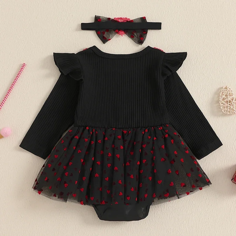 Baby Girls Valentine's Day Romper Dresses with Bow Headband Love Heart Long Sleeve Jumpsuit Newborn Clothes