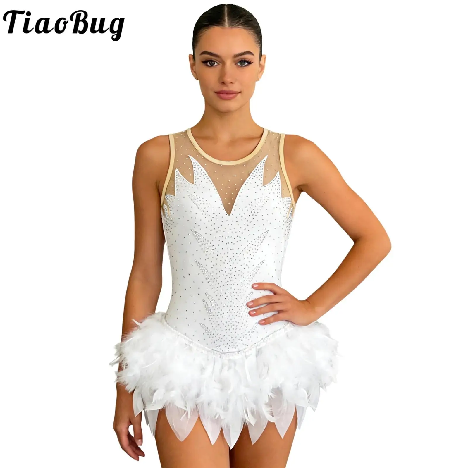 

Women Feather Hem Skirted Ballet Dance Gymnastics Bodysuit Rhinestones Mesh Leotard with Buttons Crotch Tutu Performance Costume