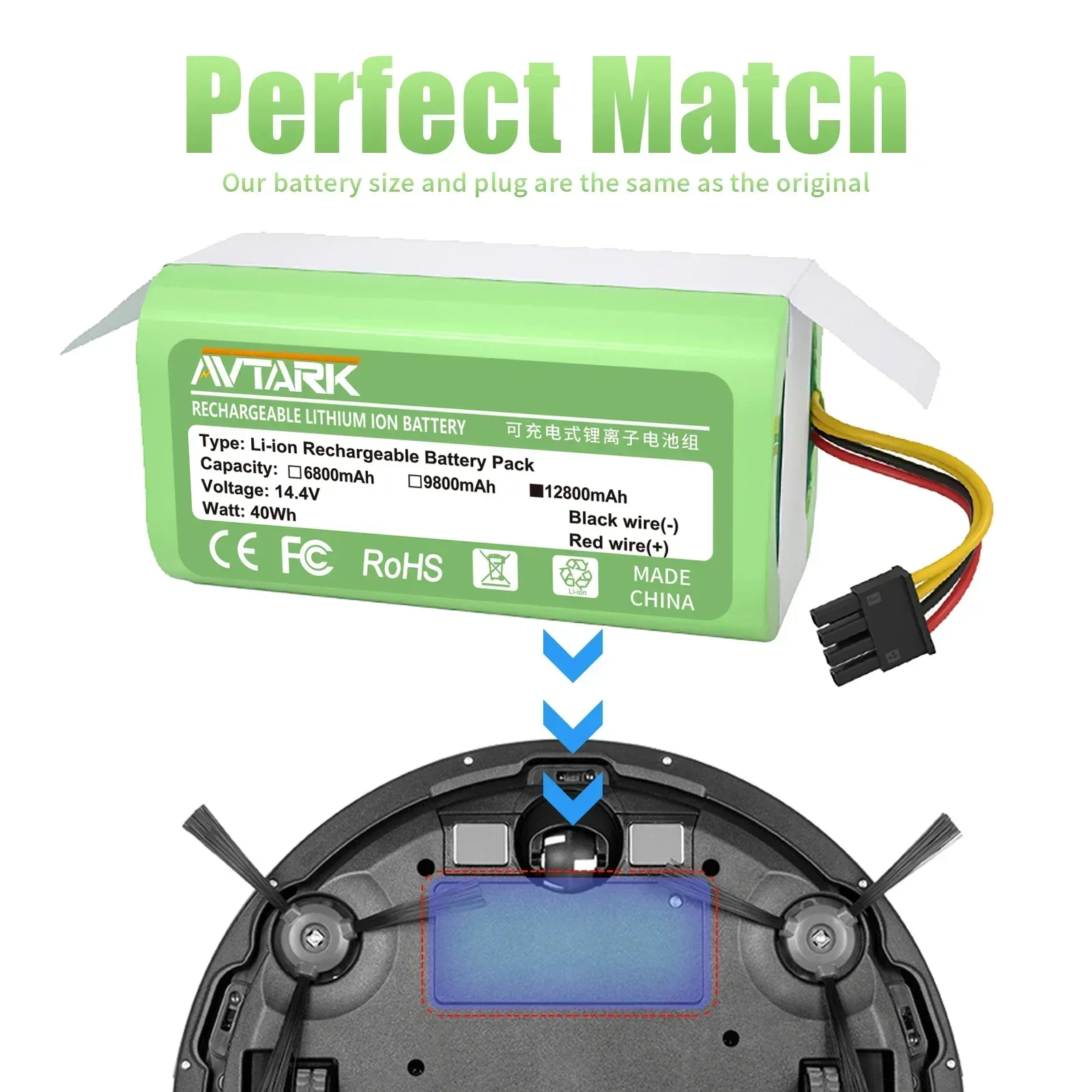 Bateria de iões de lítio para Cecotec Conga, aspirador robot, Gutrend Echo 520, 14.4V, 2600mAh, 1290, 1390, 1490, 1590