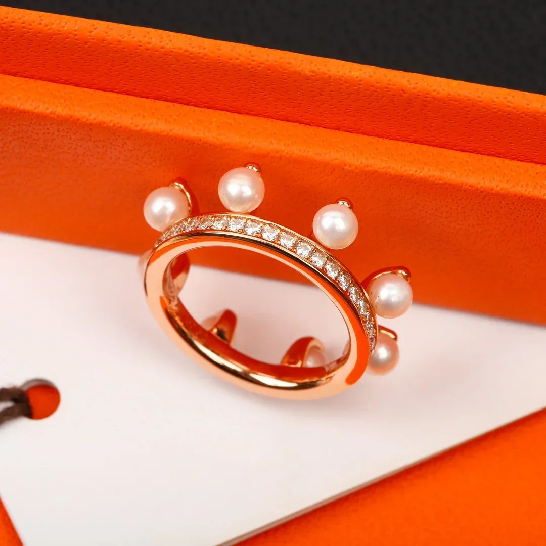 Hot Europe Designer Brand Rose Gold Pearl Ring Women Top Quality Luxury Jewelry Trend