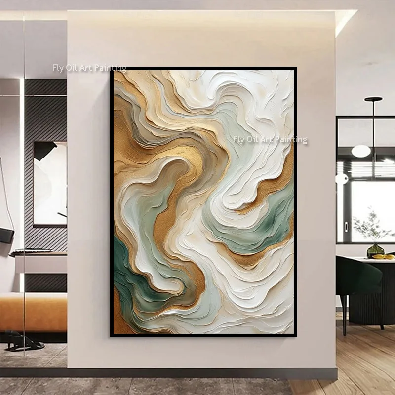 Hand Painted Impasto Gold Green Swirl Oil Painting, Textured Marble Style Canvas Wall Art, Luxury Living Room Decor