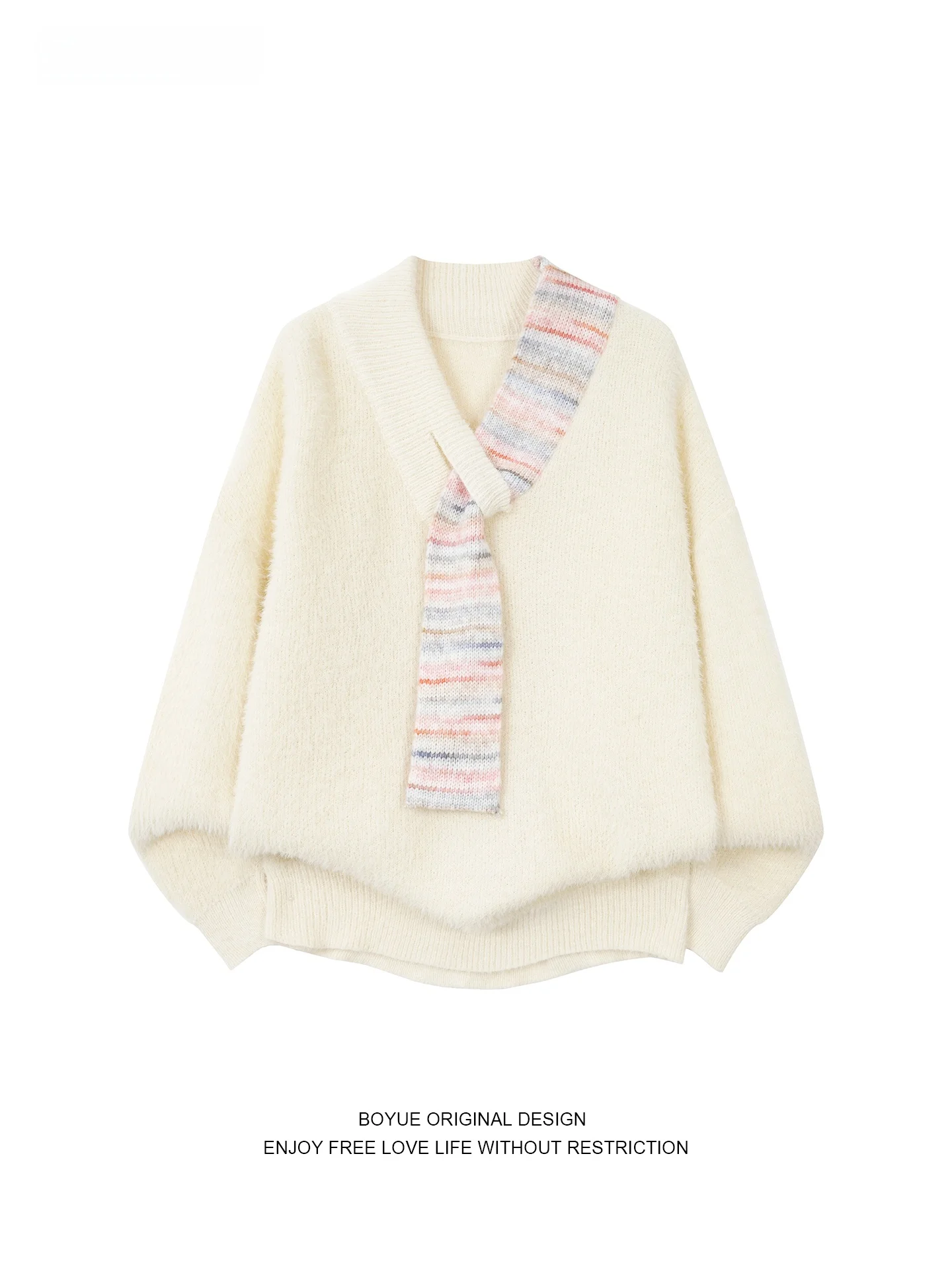 

Boyue Korean Sle Water Rabbit Fur V-Ne Lazy Sweater ex Scarf Splicing Faion Couple Knitted Wear for Casual Winter